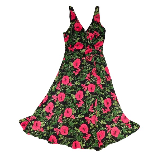 Maeve by Anthropologie Dresses & Skirts - Maeve by Anthropologie Floral V-Neck Ruched Maxi Dress Black Pink Size 4 Slit